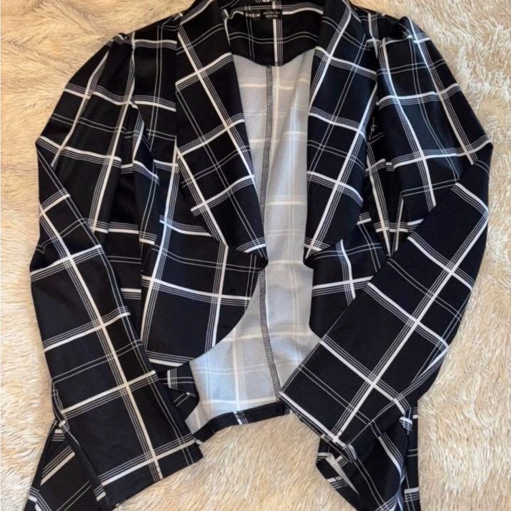 SHEIN Black & White Plaid Draped Open-Front Blazer